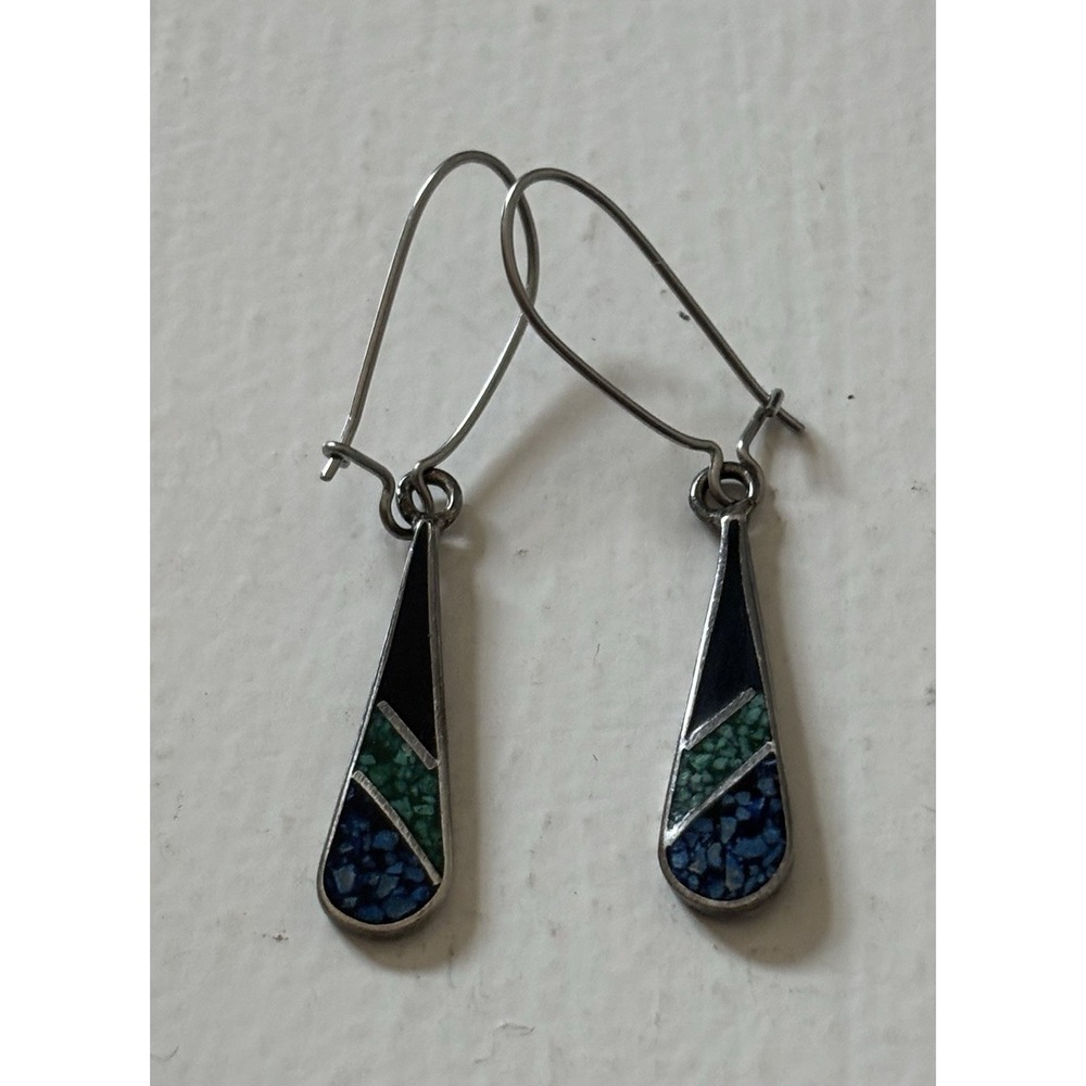 Vintage Sterling silver crushed inlay turquoise & black enamel dangle earrings